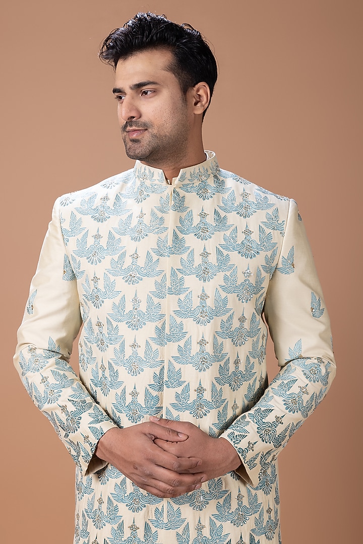 Beige Cotton Silk Hand Embroidered Wedding Sherwani Set by PRIYANKA HARALALKA at Pernia's Pop Up Shop