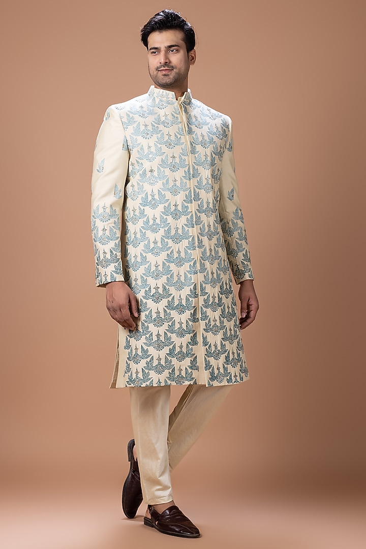Beige Cotton Silk Hand Embroidered Wedding Sherwani Set by PRIYANKA HARALALKA at Pernia's Pop Up Shop
