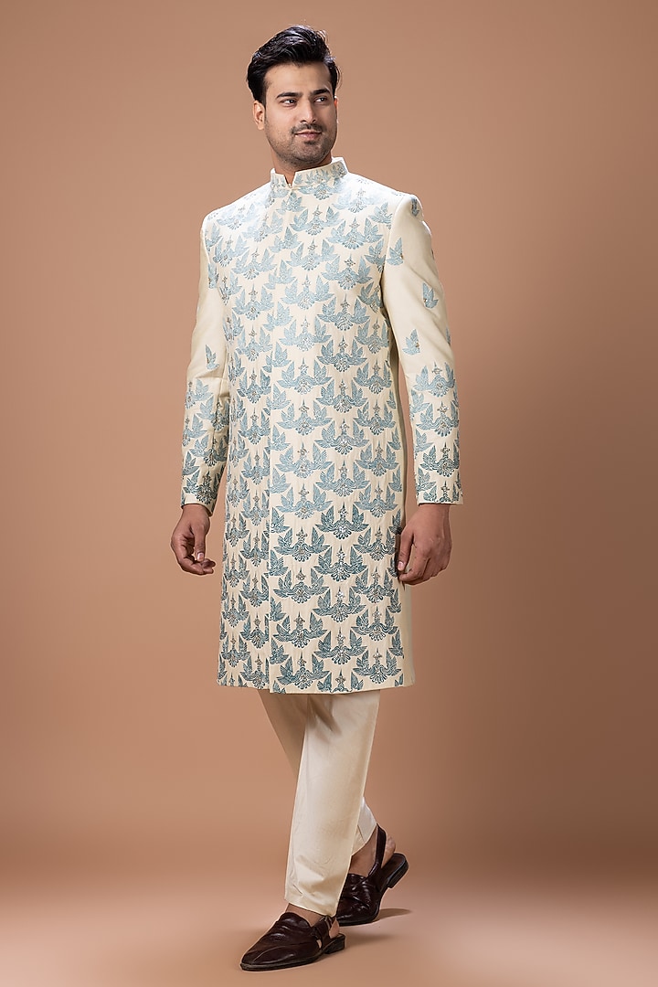 Beige Cotton Silk Hand Embroidered Wedding Sherwani Set by PRIYANKA HARALALKA at Pernia's Pop Up Shop