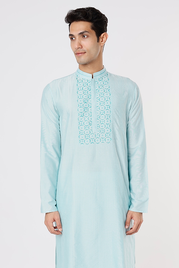 Aqua Blue Kurta Set With Embroidery by PRIYANKA HARALALKA at Pernia's Pop Up Shop