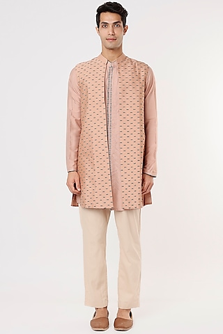 Onion Pink Embroidered Kurta Set With Jacket by PRIYANKA HARALALKA