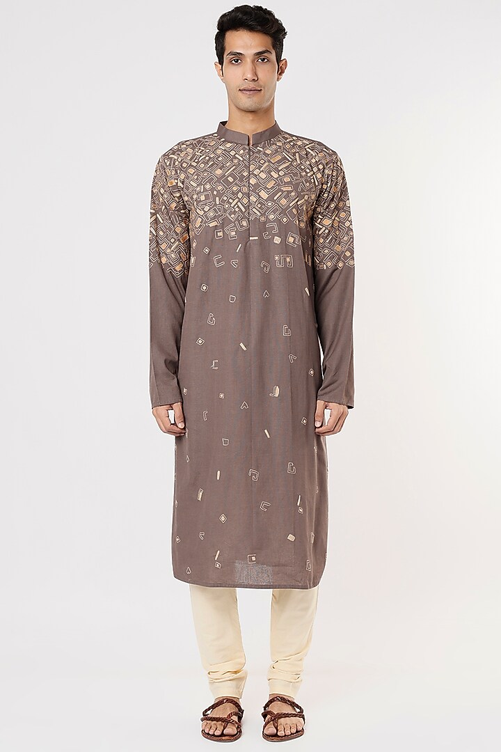 Grey Khadi Cotton Cord Embroidered Kurta Set by PRIYANKA HARALALKA at Pernia's Pop Up Shop