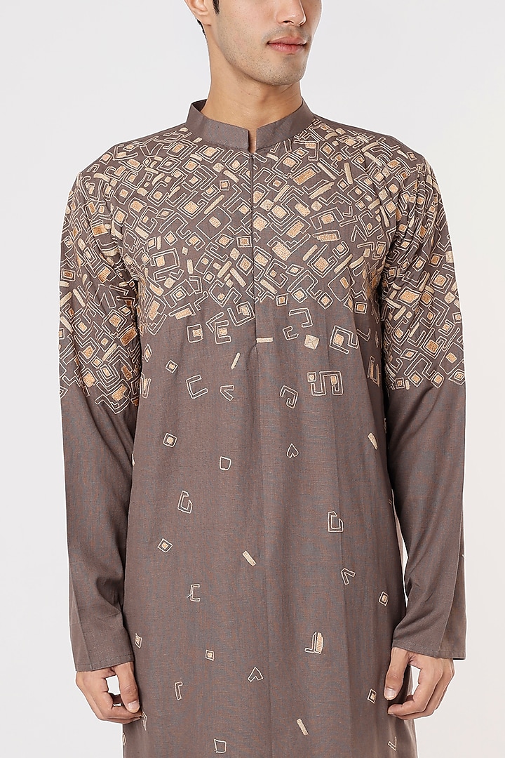 Grey Khadi Cotton Cord Embroidered Kurta Set by PRIYANKA HARALALKA at Pernia's Pop Up Shop