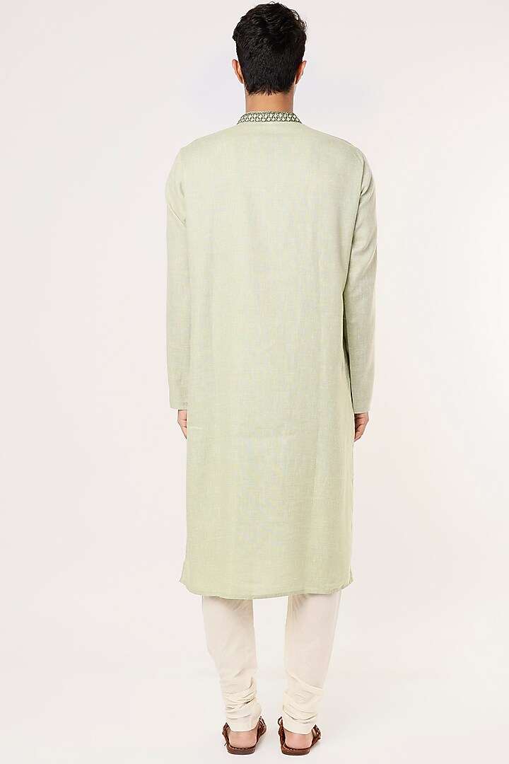 Light Green Cotton Khadi Thread Embroidered Kurta Set by PRIYANKA HARALALKA at Pernia's Pop Up Shop