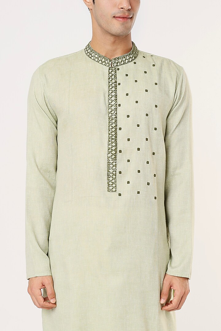 Light Green Cotton Khadi Thread Embroidered Kurta Set by PRIYANKA HARALALKA at Pernia's Pop Up Shop