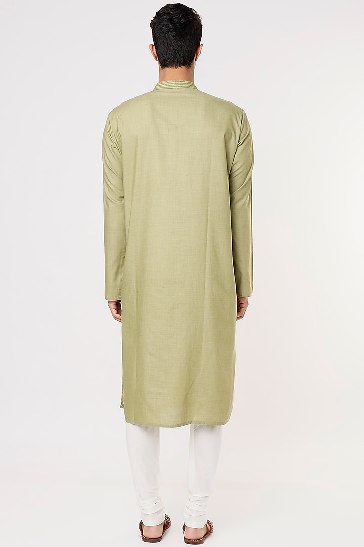 Olive Green Pure Khadi Hand Embroidered Kurta Set by PRIYANKA HARALALKA at Pernia's Pop Up Shop