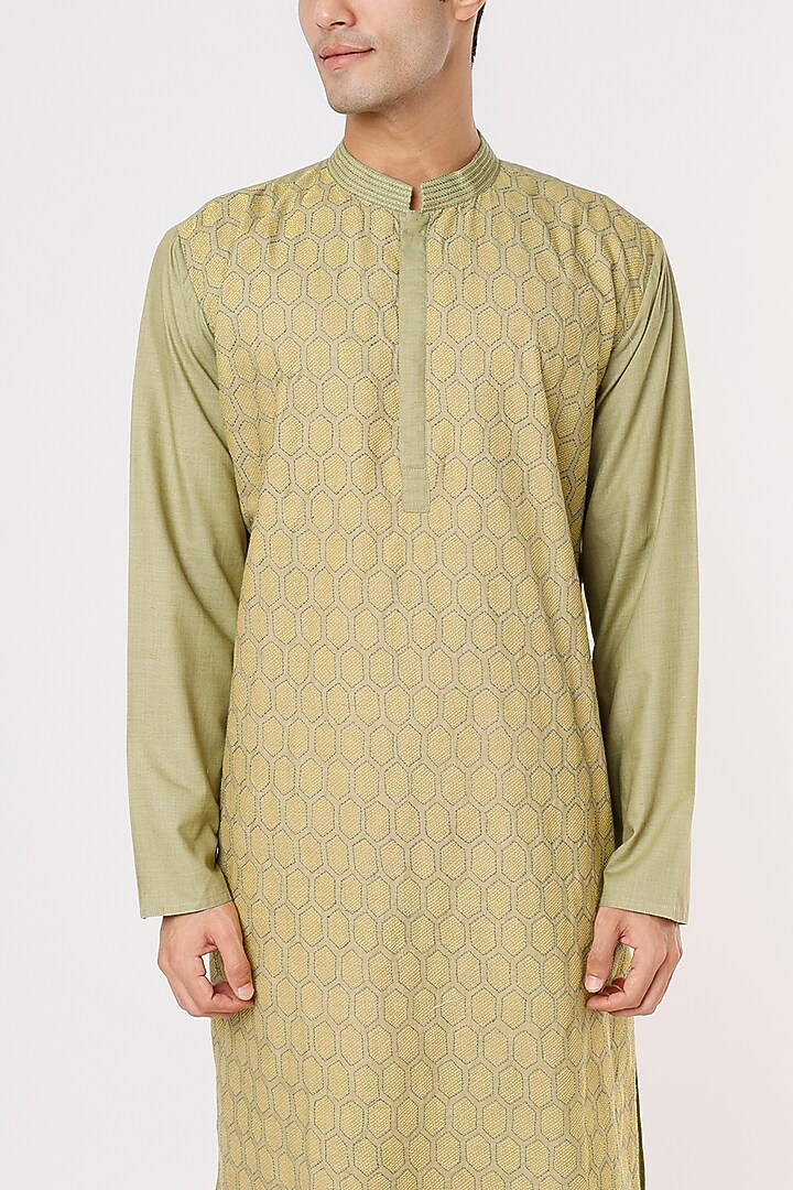 Olive Green Pure Khadi Hand Embroidered Kurta Set by PRIYANKA HARALALKA at Pernia's Pop Up Shop