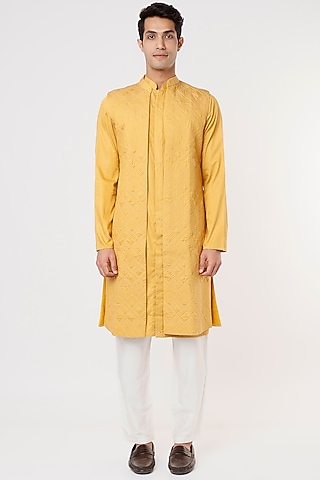 Mustard Embroidered Kurta Set With Jacket by PRIYANKA HARALALKA