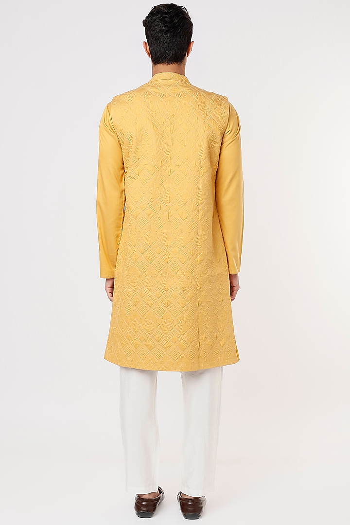 Mustard Embroidered Kurta Set With Jacket by PRIYANKA HARALALKA at Pernia's Pop Up Shop