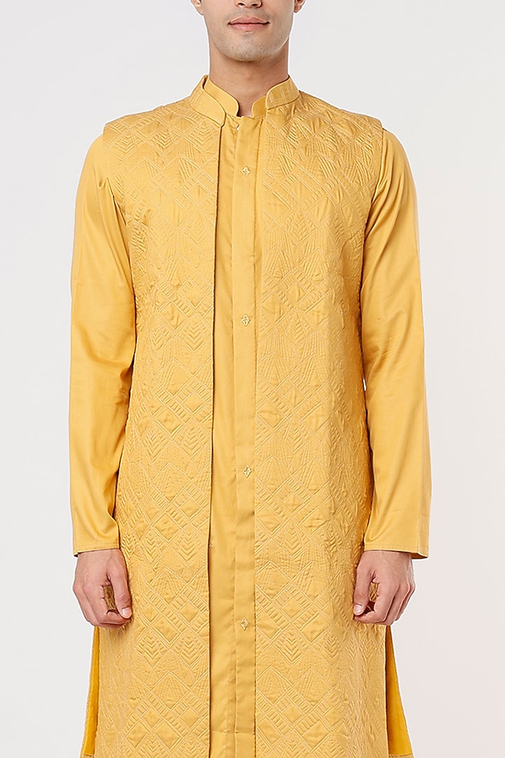 Mustard Embroidered Kurta Set With Jacket by PRIYANKA HARALALKA at Pernia's Pop Up Shop