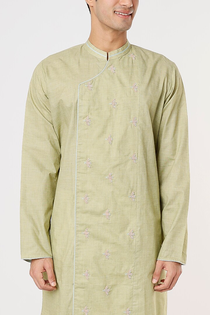 Pista Green Khadi Cotton Zardosi Embroidered Kurta Set by PRIYANKA HARALALKA at Pernia's Pop Up Shop