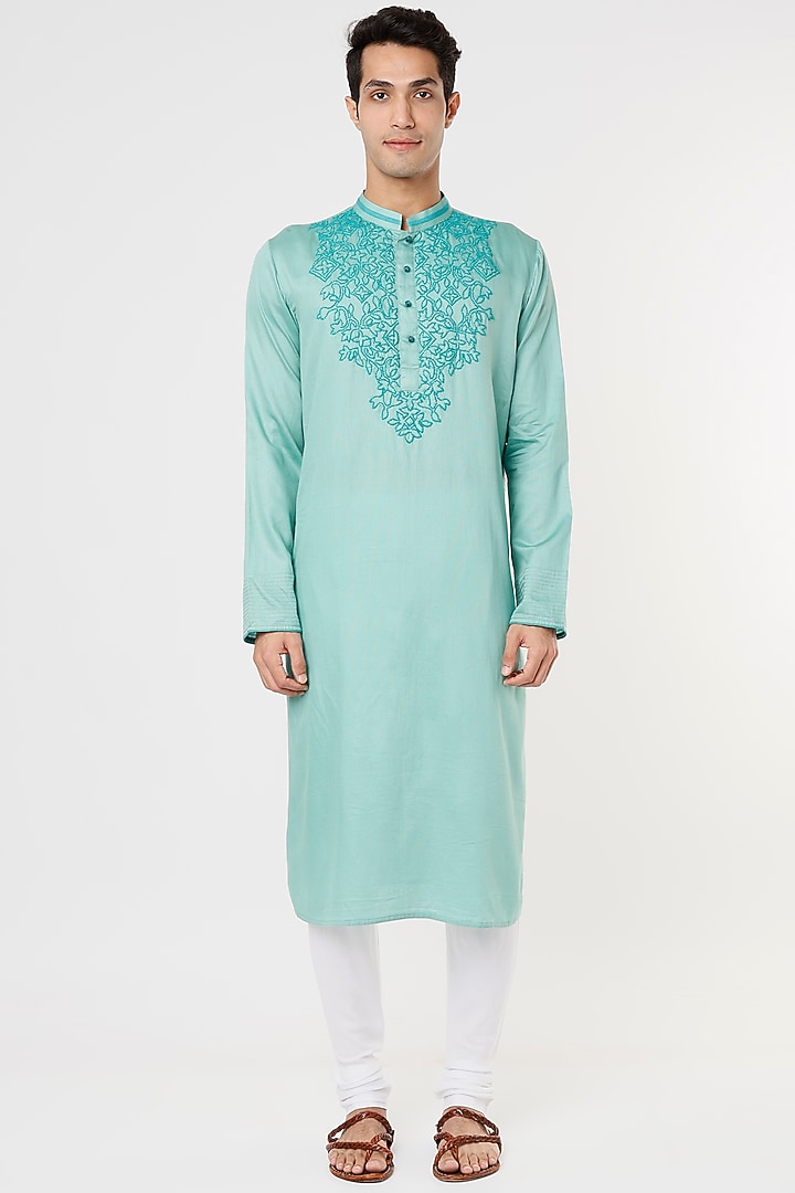 Deep Aqua Blue Embroidered Kurta Set by PRIYANKA HARALALKA at Pernia's Pop Up Shop