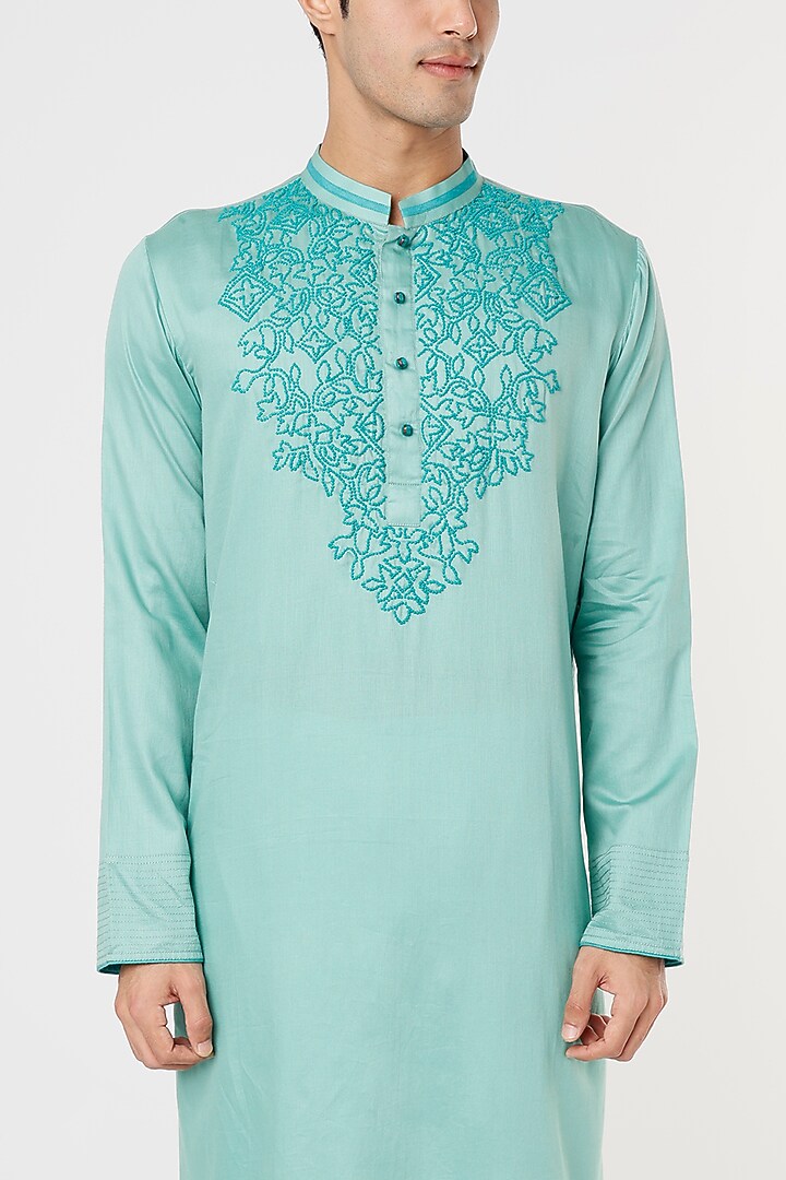 Deep Aqua Blue Embroidered Kurta Set by PRIYANKA HARALALKA at Pernia's Pop Up Shop