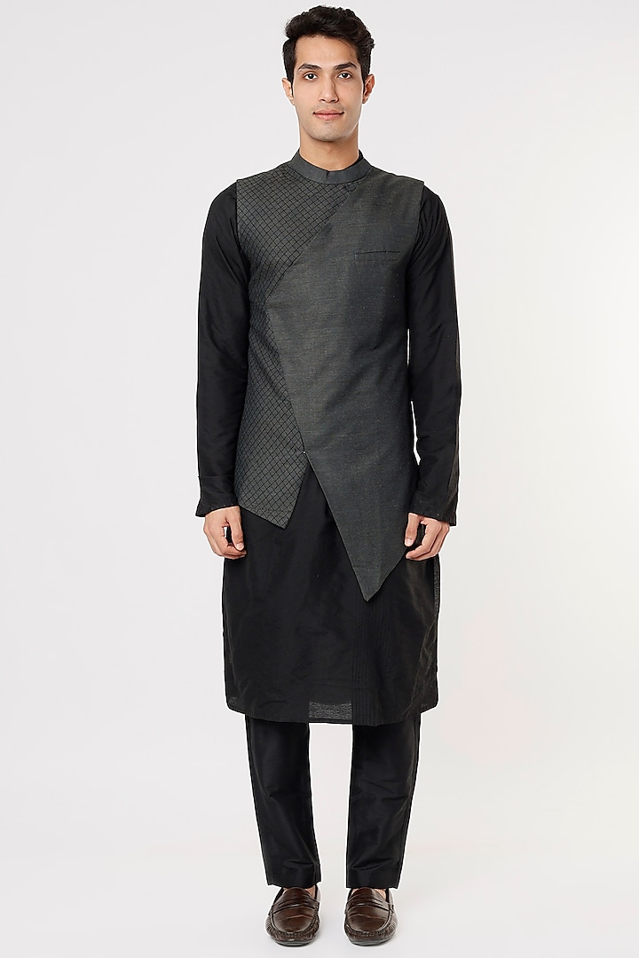 Black Cotton Khadi Kurta Set With Jacket by PRIYANKA HARALALKA