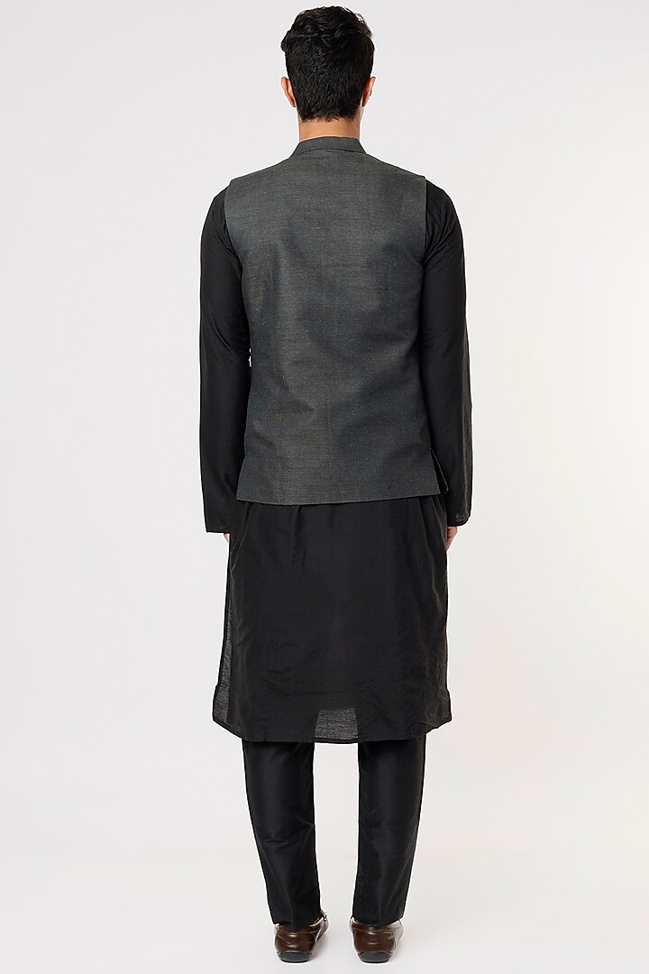 Black Cotton Khadi Kurta Set With Jacket by PRIYANKA HARALALKA at Pernia's Pop Up Shop