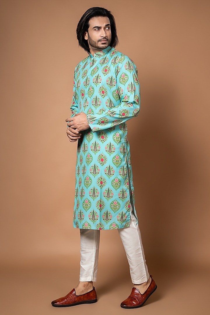 Aqua Blue American Crepe Printed Kurta Set by PRIYANKA HARALALKA