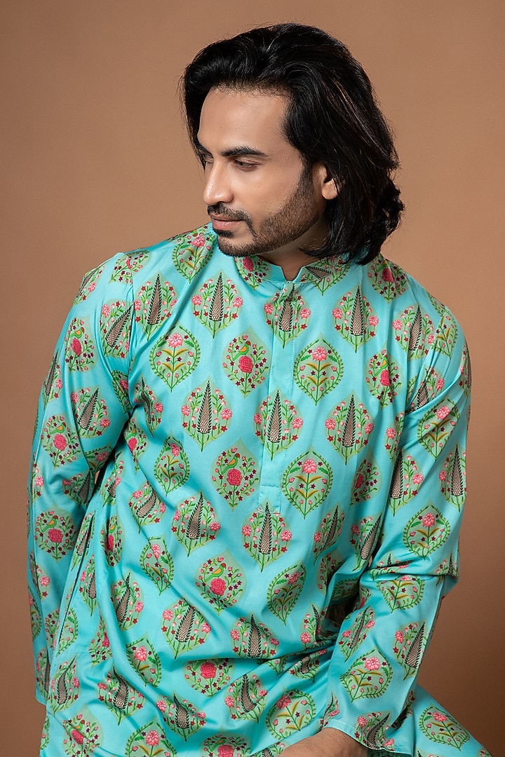 Aqua Blue American Crepe Printed Kurta Set by PRIYANKA HARALALKA at Pernia's Pop Up Shop