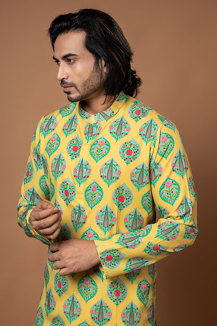 Mustard Yellow American Crepe Printed Kurta Set by PRIYANKA HARALALKA at Pernia's Pop Up Shop