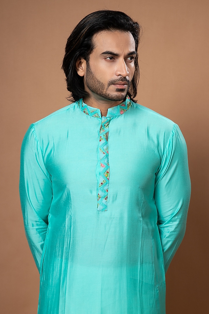 Aqua Blue Roman Silk Printed & Hand Embroidered Bundi Jacket Set by PRIYANKA HARALALKA at Pernia's Pop Up Shop