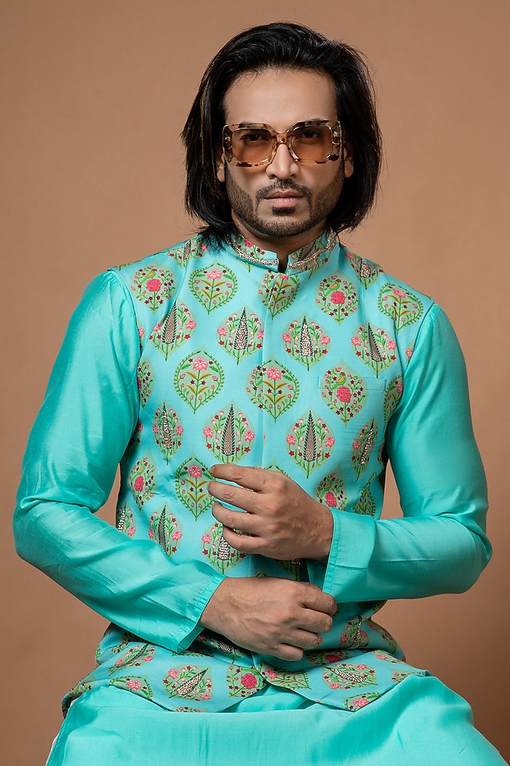 Aqua Blue Roman Silk Printed & Hand Embroidered Bundi Jacket Set by PRIYANKA HARALALKA at Pernia's Pop Up Shop