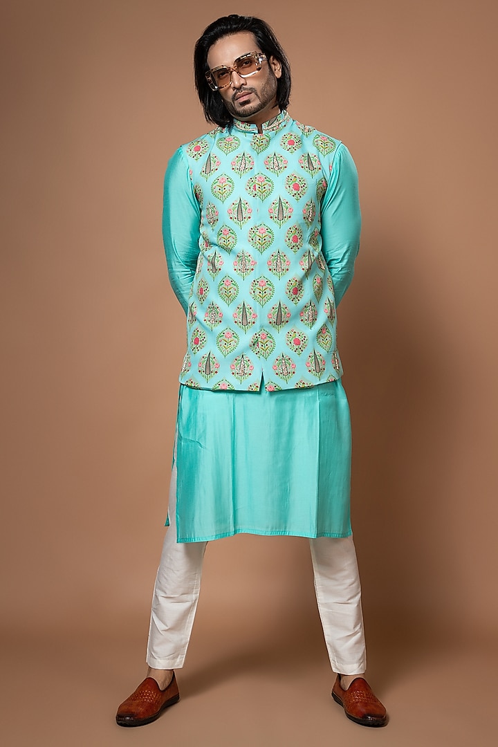 Aqua Blue Cotton Silk Printed & Zardosi Embroidered Bundi Jacket by PRIYANKA HARALALKA at Pernia's Pop Up Shop