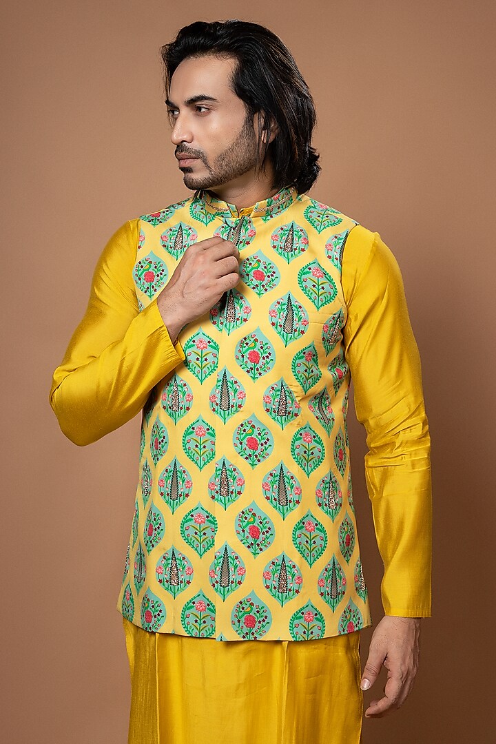 Mustard Yellow Cotton Silk Printed & Zardosi Embroidered Bundi Jacket by PRIYANKA HARALALKA