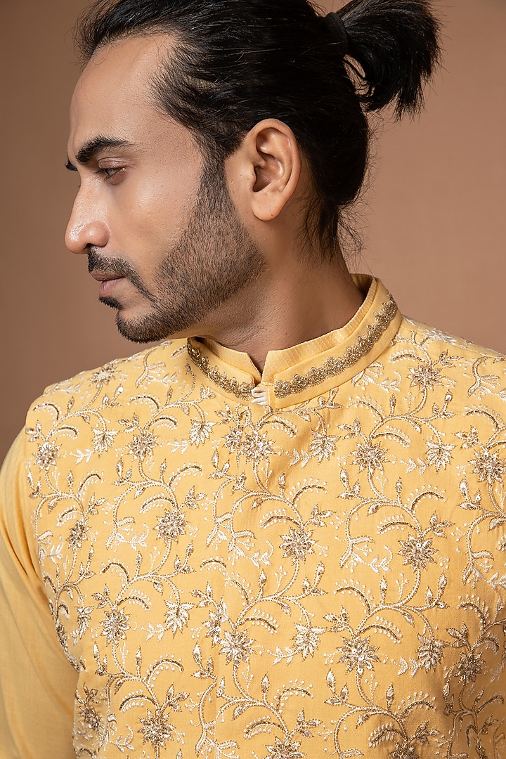 Lemon Yellow Ruby Silk & Cotton Silk Thread Machine Embroidered Bundi Jacket Set by PRIYANKA HARALALKA at Pernia's Pop Up Shop