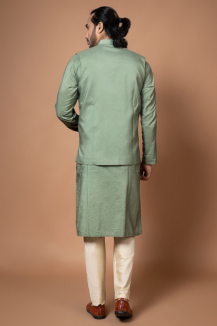 Olive Green Silk & Cotton Silk Hand Embroidered Bundi Jacket Set by PRIYANKA HARALALKA at Pernia's Pop Up Shop