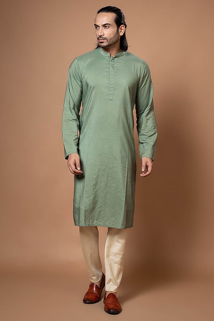 Olive Green Silk & Cotton Silk Hand Embroidered Bundi Jacket Set by PRIYANKA HARALALKA at Pernia's Pop Up Shop