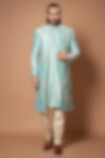 Aqua Blue Silk & Cotton Silk Zardosi Hand Embroidered Wedding Sherwani Set by PRIYANKA HARALALKA at Pernia's Pop Up Shop