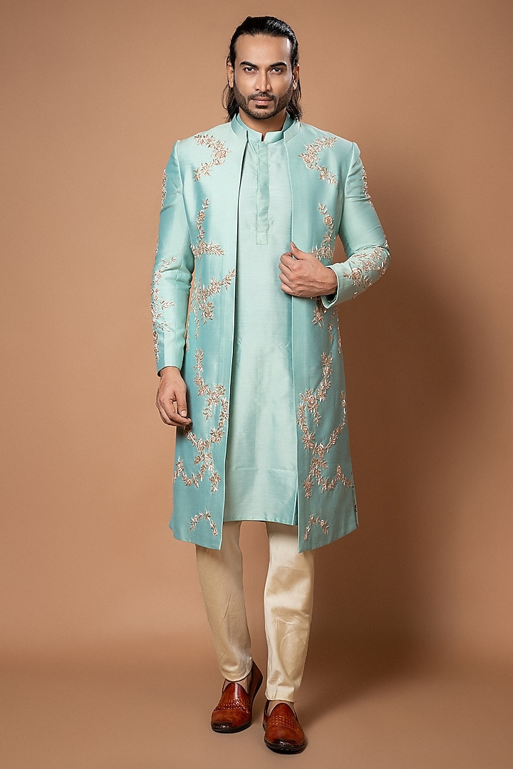 Aqua Blue Silk & Cotton Silk Zardosi Hand Embroidered Wedding Sherwani Set by PRIYANKA HARALALKA at Pernia's Pop Up Shop