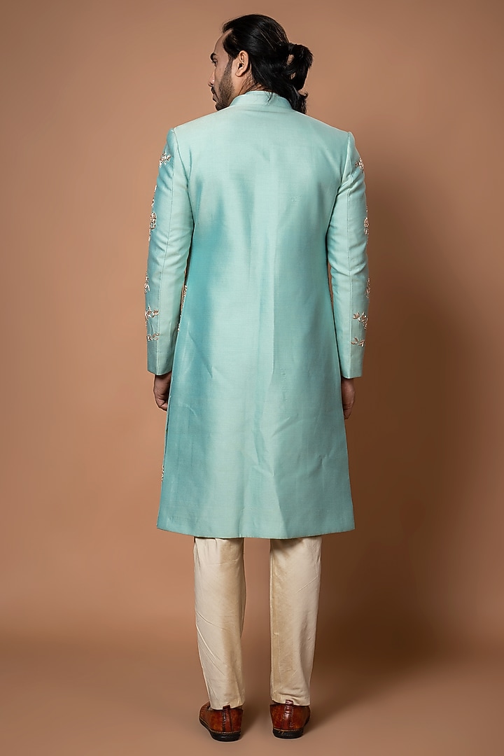 Aqua Blue Silk & Cotton Silk Zardosi Hand Embroidered Wedding Sherwani Set by PRIYANKA HARALALKA at Pernia's Pop Up Shop