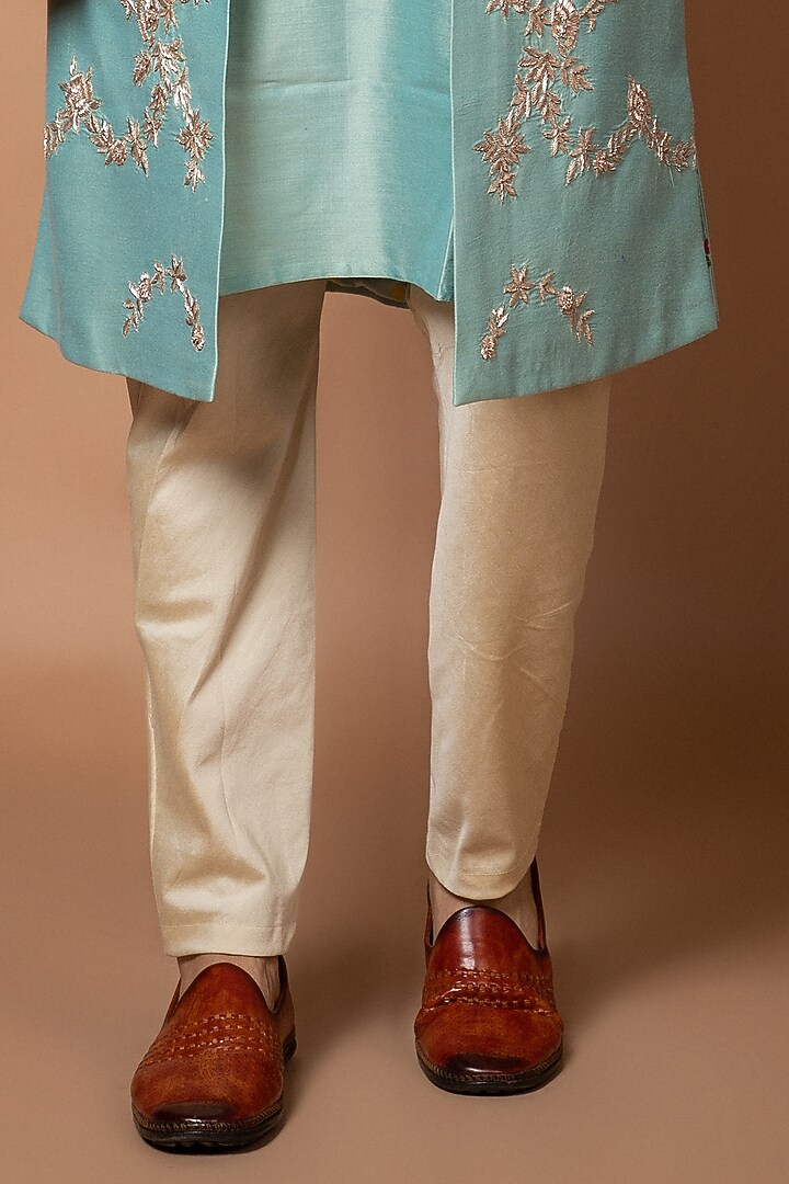 Aqua Blue Silk & Cotton Silk Zardosi Hand Embroidered Wedding Sherwani Set by PRIYANKA HARALALKA at Pernia's Pop Up Shop