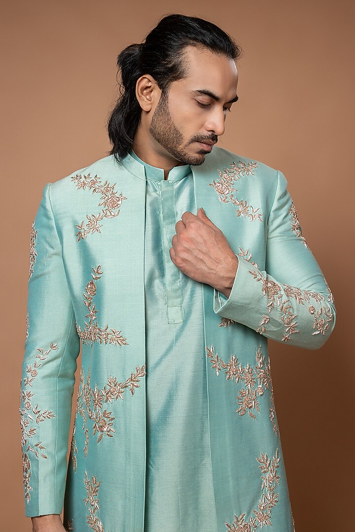 Aqua Blue Silk & Cotton Silk Zardosi Hand Embroidered Wedding Sherwani Set by PRIYANKA HARALALKA at Pernia's Pop Up Shop