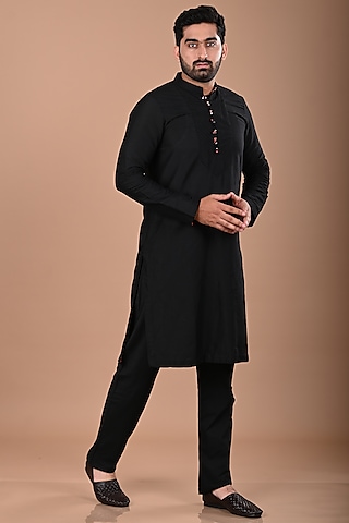 Black Cotton Silk Ikat Printed Kurta Set by PRIYANKA HARALALKA