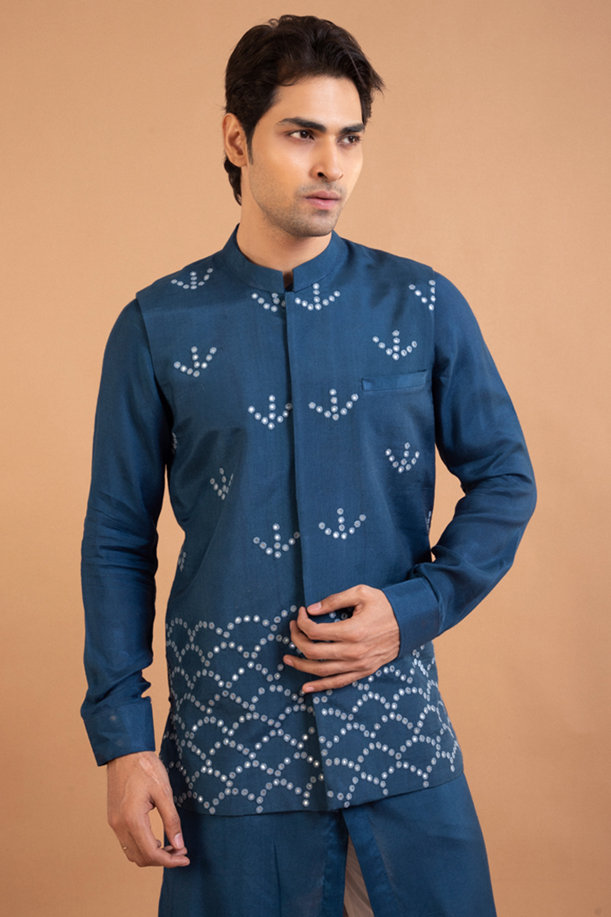 Dark Blue Royal Silk Mirror Hand Embroidered Bundi Jacket by PRIYANKA HARALALKA