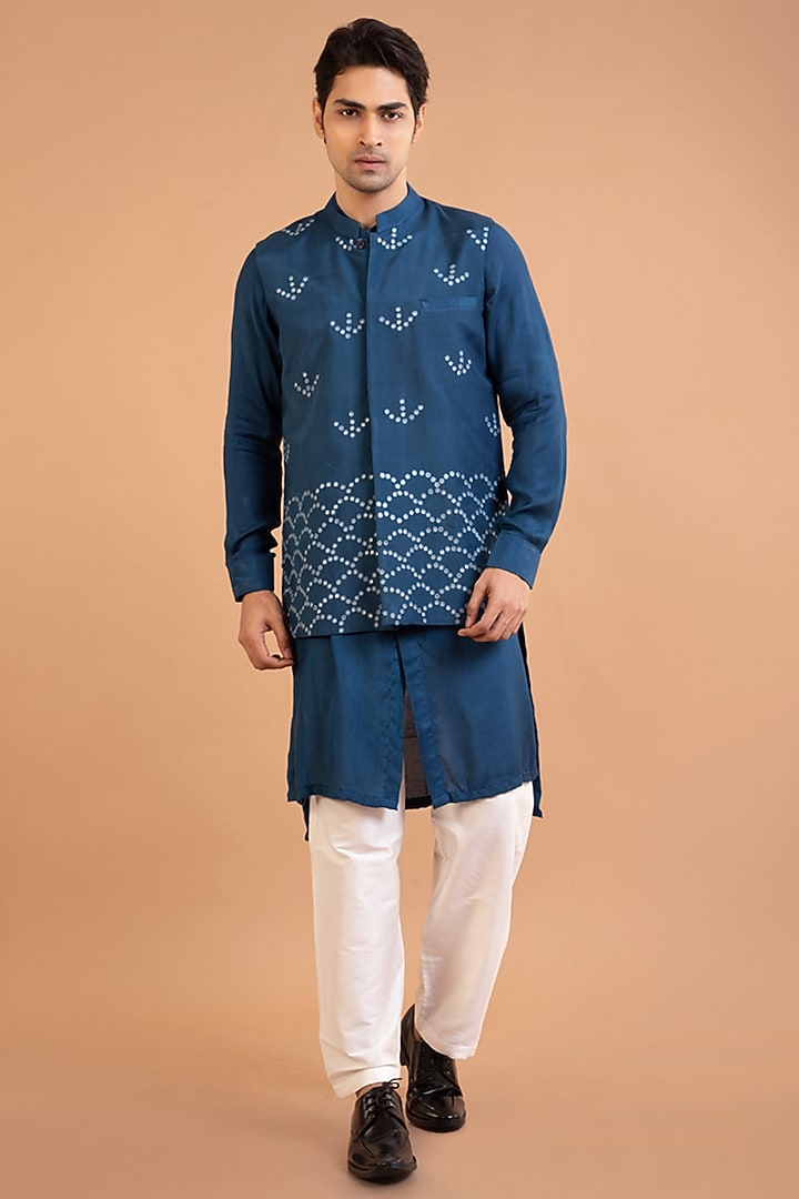 Dark Blue Royal Silk Mirror Hand Embroidered Bundi Jacket by PRIYANKA HARALALKA at Pernia's Pop Up Shop