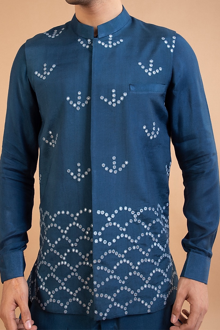 Dark Blue Royal Silk Mirror Hand Embroidered Bundi Jacket by PRIYANKA HARALALKA at Pernia's Pop Up Shop