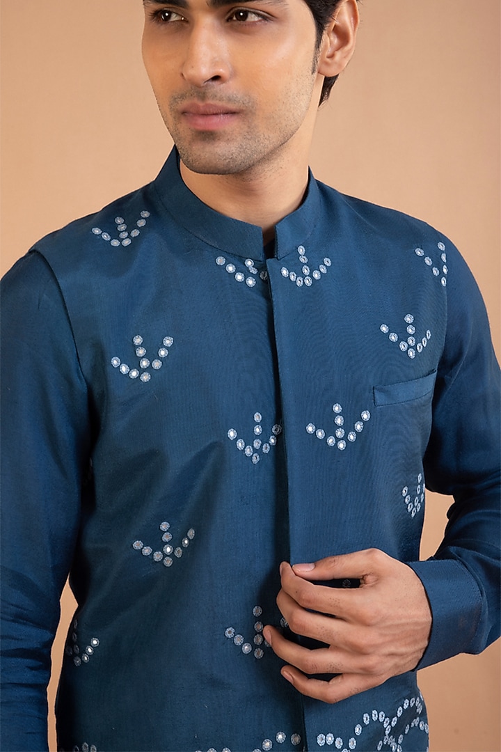 Dark Blue Royal Silk Mirror Hand Embroidered Bundi Jacket by PRIYANKA HARALALKA at Pernia's Pop Up Shop