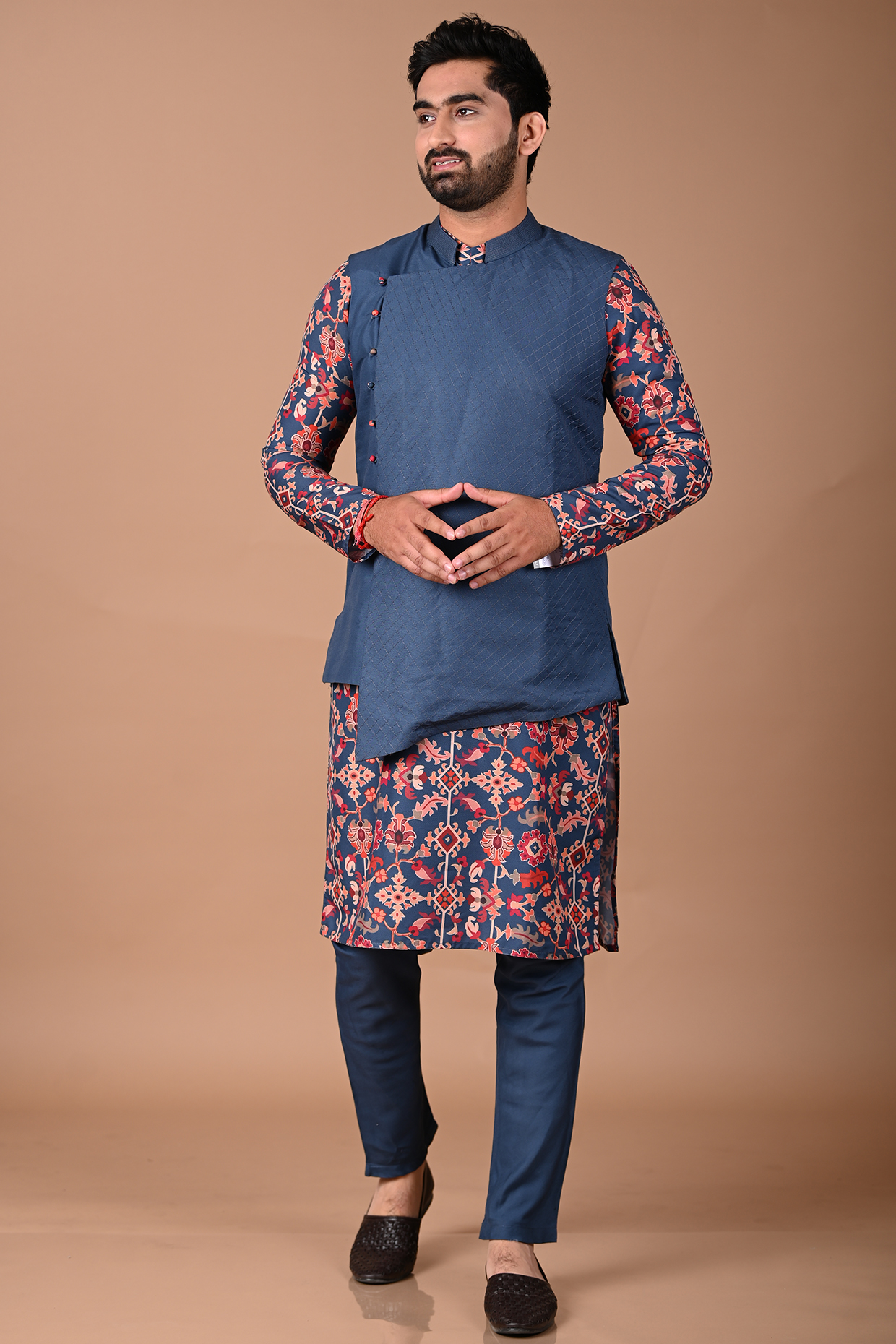Sapphire Blue Ruby Silk Machine Embroidered Bundi Jacket by PRIYANKA HARALALKA