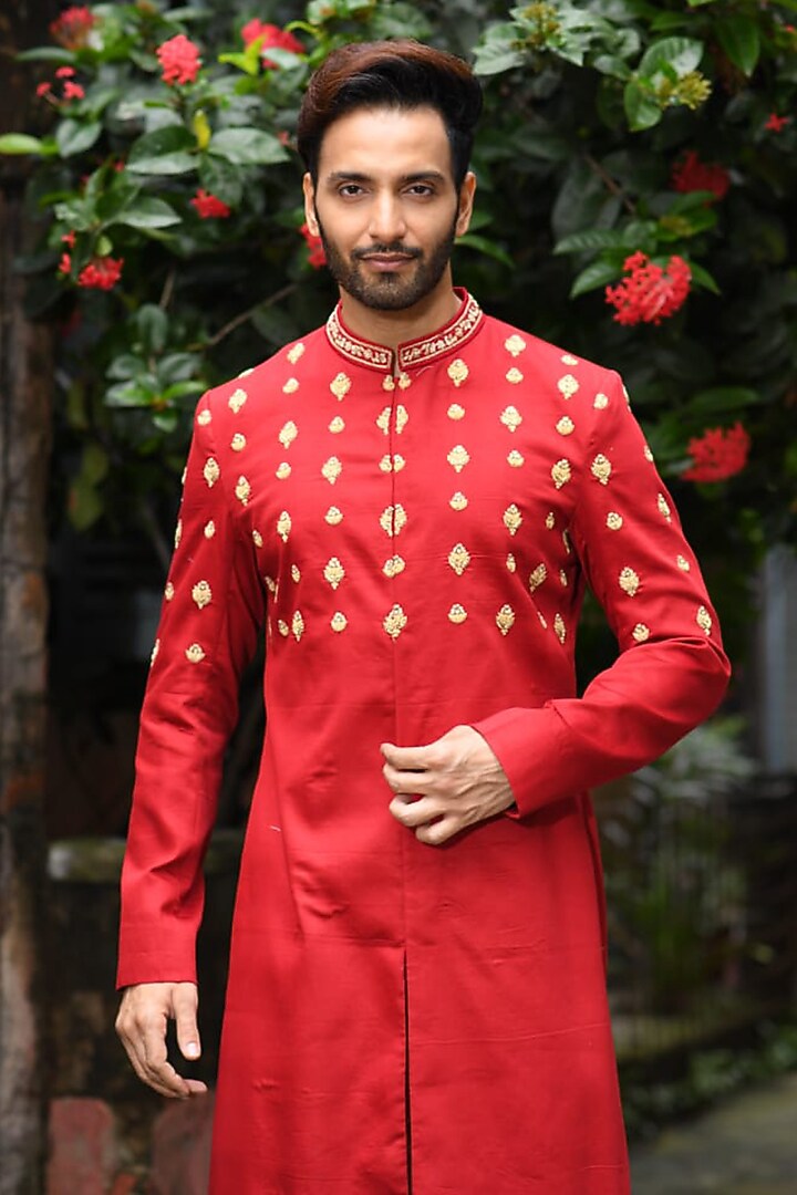 Maroon Silk Hand Embroidered Wedding Sherwani Set by PRIYANKA HARALALKA at Pernia's Pop Up Shop