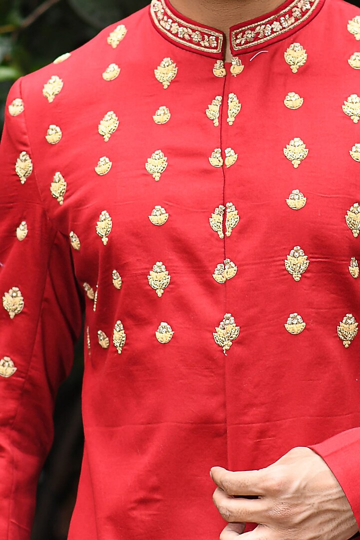 Maroon Silk Hand Embroidered Wedding Sherwani Set by PRIYANKA HARALALKA at Pernia's Pop Up Shop