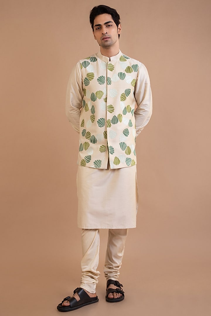 Beige Cotton Silk Machine Embroidered Bundi Set by PRIYANKA HARALALKA at Pernia's Pop Up Shop