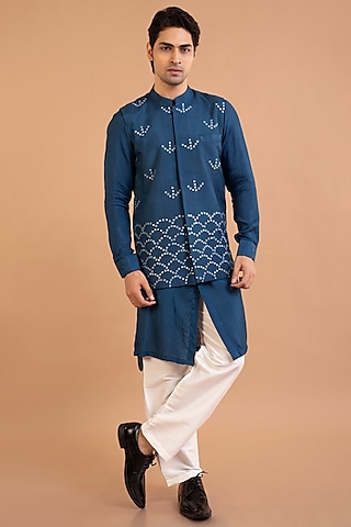 Dark Blue Royal Silk Mirror Hand Embroidered Bundi Jacket Set by PRIYANKA HARALALKA