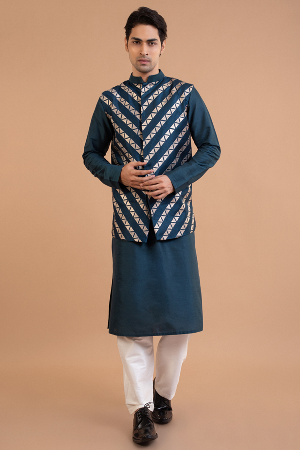 Dark Blue Cotton Silk Zari Embroidered Bundi Set by PRIYANKA HARALALKA