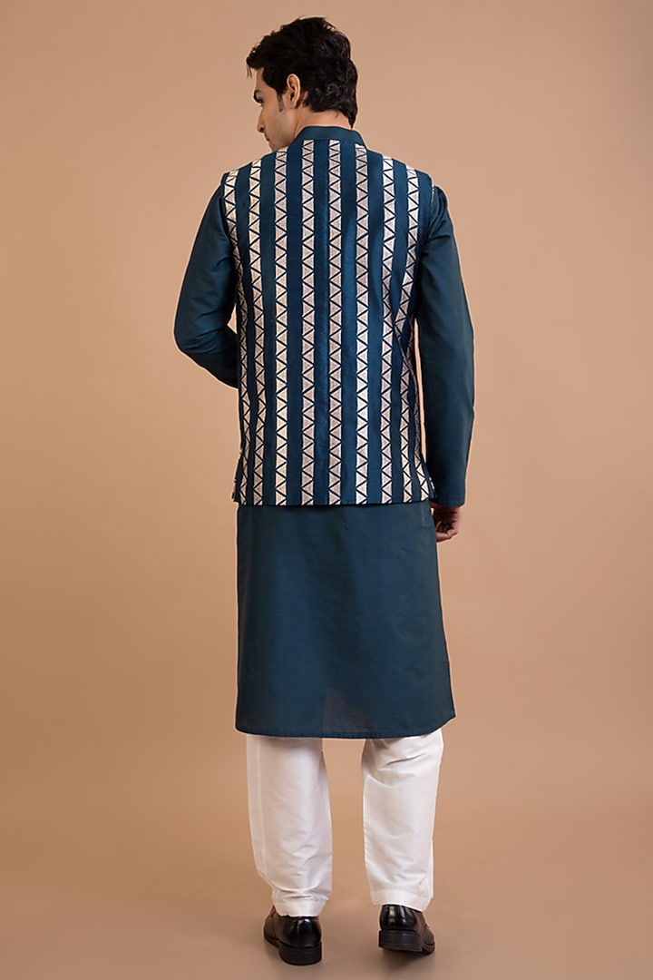 Dark Blue Cotton Silk Zari Embroidered Bundi Set by PRIYANKA HARALALKA at Pernia's Pop Up Shop