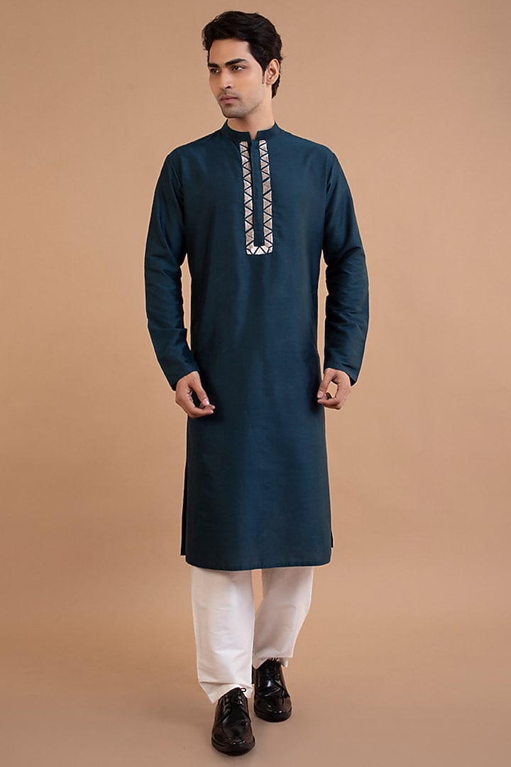 Dark Blue Cotton Silk Zari Embroidered Bundi Set by PRIYANKA HARALALKA at Pernia's Pop Up Shop