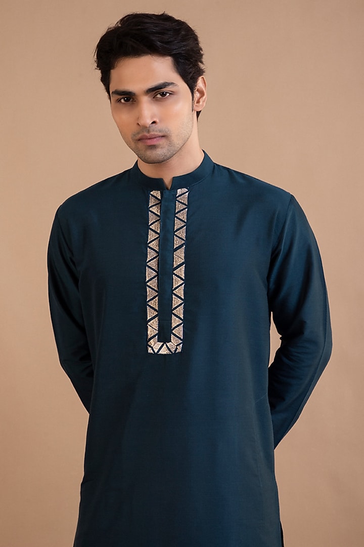 Dark Blue Cotton Silk Zari Embroidered Bundi Set by PRIYANKA HARALALKA at Pernia's Pop Up Shop
