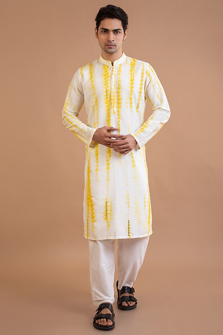 Yellow Cotton Silk Mirror Embroidered & Tie-Dyed Kurta Set by PRIYANKA HARALALKA