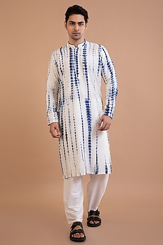 Navy Blue Cotton Silk Mirror Embroidered & Tie-Dyed Kurta Set by PRIYANKA HARALALKA